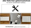 An image showing labels on furniture parts, with tools and text indicating clear labeling for easy assembly. Produktbild-Vorschau