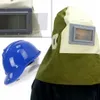 A collage showing a sandblasting hood with a clear visor and a blue hard hat. Náhled obrázku produktu