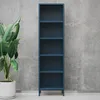 A tall, narrow, dark blue bookshelf with five shelves stands against a textured concrete wall. A large potted plant with broad green leaves is to the left of the bookshelf. The floor is a light color. Náhled obrázku produktu