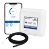 A white WiFi thermostat and a smartphone displaying a thermostat app are shown next to a black cable with a temperature sensor. Produktbild-Vorschau