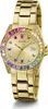 A gold-toned Guess watch with a rainbow-colored bezel and dial. Produktbild-Vorschau
