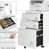 A white rolling cabinet with a printer on top, showing various features like locks, drawers, and a stationery tray. Produktbild-Vorschau