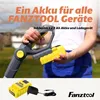A person is holding a battery-powered garden tool with a battery attached. Below is a separate image of the battery and charger. Produktbild-Vorschau