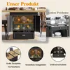 A collage of images showcasing a kitchen cabinet with storage features and a dining table with an extendable top. Produktbild-Vorschau