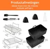 A collection of air fryer accessories, including racks, silicone liners, tongs, and a brush, displayed against a white background with Dutch text indicating product dimensions. Produktbild-Vorschau