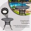 A round outdoor dining table with a decorative pattern and a built-in umbrella hole, set in a garden scene next to a swimming pool. Produktbild-Vorschau
