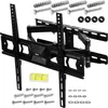A black TV wall mount with various accessories, including screws, wall plugs, washers, and a spirit level, is displayed against a white background. Podgląd zdjęcia produktu