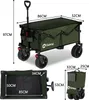 A collage of images showing a dark green foldable wagon from different angles, including dimensions and a folded view. Produktbild-Vorschau