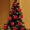A close-up view of a decorated Christmas tree with red poinsettia ornaments and lights. Produktbild-Vorschau