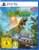 The cover art for the video game 'Dinosaurs: Mission Dino Camp' on PS5, featuring dinosaurs, a volcano, and people in a vehicle. Produktbild-Vorschau
