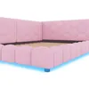 A close-up view of a pink upholstered bed frame with a hexagonal pattern on the headboard and a scalloped pattern on the side rails. Blue light emanates from beneath the bed. Podgląd zdjęcia produktu