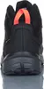 The back view of a black hiking boot with orange pull tabs. Produktbild-Vorschau