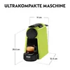 A lime green Nespresso De'Longhi Essenza Mini capsule machine with dimensions indicated by lines and text. Produktbild-Vorschau