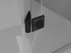 A close-up view of a black hinge and a square black knob attached to a transparent glass surface, likely part of a shower enclosure. Produktbild-Vorschau