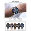 A man's wrist wearing a watch, with a display of multiple watch color options below. Produktbild-Vorschau