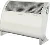 A white electric heater with a perforated top and a curved body, standing on two gray legs. Produktbild-Vorschau