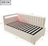 A beige upholstered bed frame with LED lighting and dimensions indicated by measurement lines and numbers. Náhled obrázku produktu