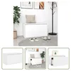 A white shoe cabinet with a flip-down drawer, shown in a room setting with a plant and artwork, and also in close-up views. Produktbild-Vorschau