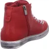 A side view of a red high-top sneaker with white laces and a zipper. Voir les images du produit