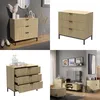 A collage of images showing a wooden dresser with black legs in different settings and angles. Náhled obrázku produktu
