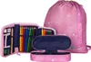 A pink backpack and pencil cases filled with colored pencils are displayed against a white background. Voir les images du produit