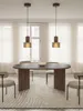 A dining room with an oval wooden table, chairs, and pendant lights. Produktbild-Vorschau