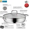 A stainless steel pot with a glass lid, featuring various labels and diagrams highlighting its features. Podgląd zdjęcia produktu