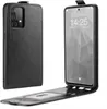 A black flip case for a smartphone is shown, with the phone inside and the case open. Produktbild-Vorschau