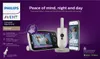 A Philips Avent baby monitor set, including a parent unit and a baby unit, displayed alongside a smartphone showing the app interface. The background is a gradient of purple. Produktbild-Vorschau