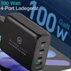 A black 4-port USB-C GaN charger is shown at an angle, with large blue text indicating "100W GaN" in the background. Produktbild-Vorschau