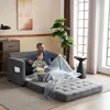 A father and son are sitting on a sofa bed, watching something and eating popcorn. Produktbild-Vorschau