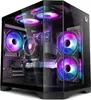 A gaming PC with RGB lighting inside a glass case. Produktbild-Vorschau