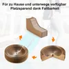 A collage showing a cat scratching post in different folded and unfolded states, with a person in the background. Produktbild-Vorschau