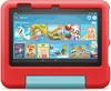 A red and blue Amazon Fire 7 Kids Edition tablet is displayed front-on, showing its screen with various app icons and a greeting message. Náhľad obrázku produktu