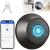 A collage showing a smart door lock, keys, a smartphone app interface, and a lifestyle shot of a door with a smart lock. Produktbild-Vorschau