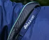 A close-up view of a blue horse blanket with a green and white trim, showing the brand logo. Produktbild-Vorschau