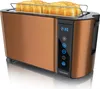A copper-colored four-slice toaster with bread inside, shown on a white reflective surface. Voir les images du produit