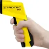 A hand holding a yellow and black infrared thermometer. Produktbild-Vorschau