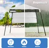 A split image showing a pop-up tent in sunny and rainy conditions, with feature icons below. Produktbild-Vorschau