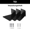 Three black shelf brackets are shown in the center of the image, with screws and wall plugs displayed below them. Produktbild-Vorschau