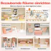 A collage of six different rooms within a dollhouse, each furnished and labeled with its room name. Náhled obrázku produktu
