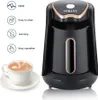 A black SOKANY electric Turkish coffee maker is shown next to a cup of coffee, with feature callouts on the left. Podgląd zdjęcia produktu