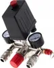 A close-up studio shot of an air compressor pressure switch with two pressure gauges and multiple connectors. Produktbild-Vorschau