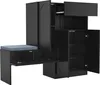 A black shoe cabinet with a built-in bench and blue cushion. Produktbild-Vorschau