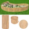 A garden border made of bamboo is shown surrounding flowers and grass. Below are close-up views of the rolled-up bamboo border. Náhľad obrázku produktu