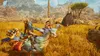 Two people riding on large, bird-like creatures through a field of tall, dry grass with mountains in the background. Produktbild-Vorschau