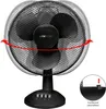 A black table fan is shown in the image, with red arrows indicating its oscillation feature and a close-up view of a button for oscillation. The fan has a metal grille and three blades. There are also speed control buttons on the base. Anteprima dell’immagine prodotto