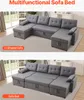A U-shaped sofa is shown in a living room setting, with a second image showing the same sofa converted into a bed. Voir les images du produit
