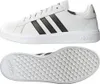 A top-down view and a side view of a pair of white Adidas sneakers with black stripes. Produktbild-Vorschau
