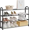 A multi-tiered shoe rack filled with various shoes, a hat box, and a shopping bag. Produktbild-Vorschau